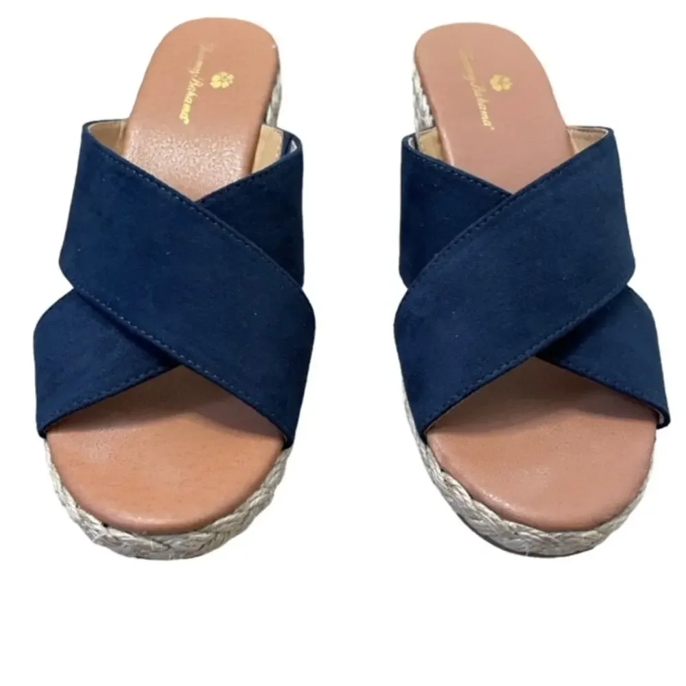 Tommy Bahama Stacey Wedge Slide Sandals Navy Blue Size 9M Espadrille Comfort